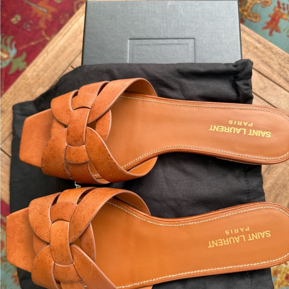 Saint Laurent Cognac Leather Knotted Slide Mules - Picture 2 of 4